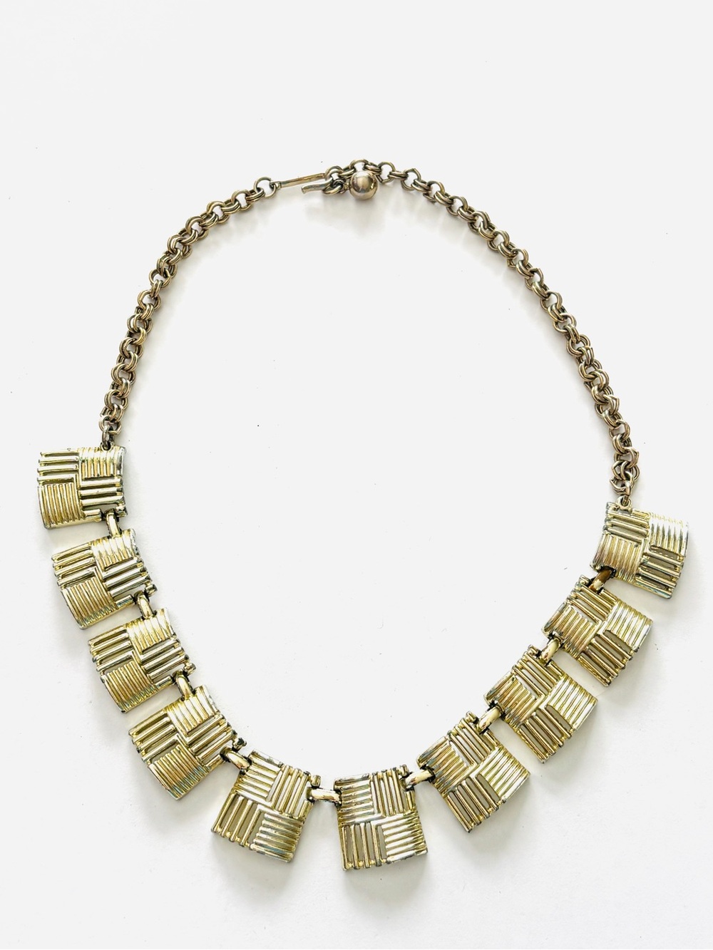 Coro Pegasus Signed Vintage 1950s Gold Tone Geometric Panel Choker Necklace MCM